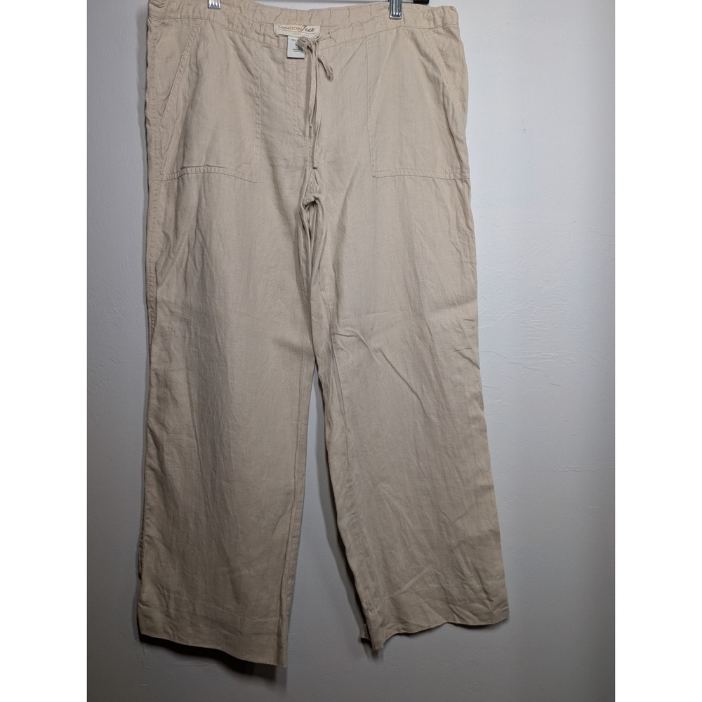 London Jean Womens 100% Linen Pants Tan Size Small Pockets Tie-waist Wide-leg
